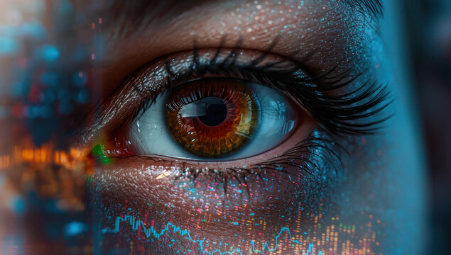 Closeup brown eye with digital data overlay, futuristic reflective gaze, detailed skin texture