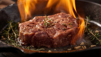 Seared steak in cast iron pan with rosemary and flame, savory and sizzling