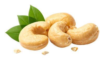 Close-up studio shot featuring several cashews with green leaves against a transparent background. Some cashew pieces are scattered