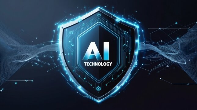 An abstract digital illustration featuring a glowing blue shield set against a dynamic background of electric lines, energy flares, and light stars to represent a modern technology communication conce - Powered by Adobe