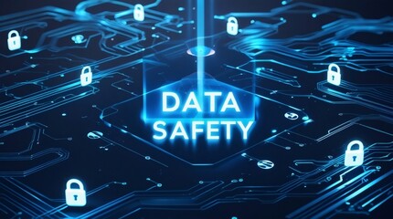 This blue circuit board background features a digital network concept with a computer hardware processor and electronic chip integrated into a high-tech printed motherboard system for advanced data en