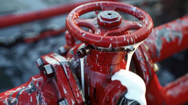 Red fire hydrant with water dripping off it onto metal pipes in a wet environment.