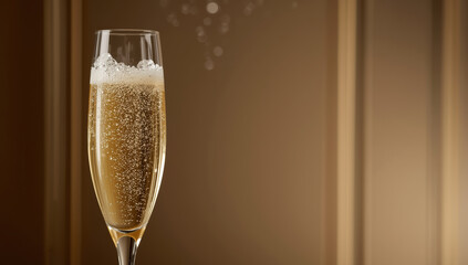 Sparkling champagne flute filled with golden bubbly drink and foam