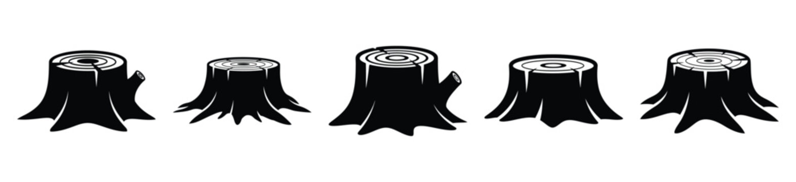 tree stump silhouette vector icon set, black color and white background