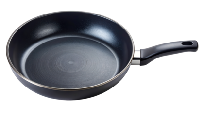 Dark nonstick pan with a black handle, showing the interior. Isolated on black