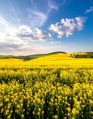 Obraz premium Blooming Yellow Flowers Field Under Blue Sky with Clouds