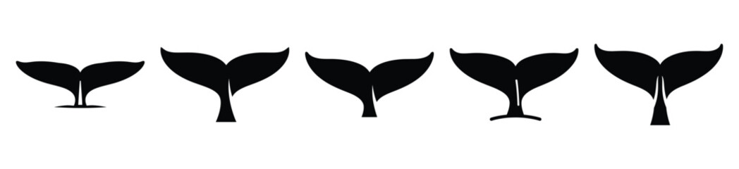 whale tail silhouette vector icon set, black color and white background