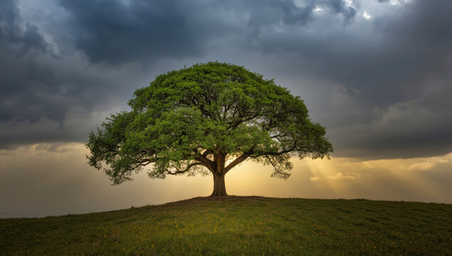 Lone oak tree on grassy hill at dramatic sunset with sunrays and storm clouds - Powered by Adobe