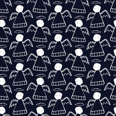 Seamless pattern with angels in doodle style. Print for textile, wallpaper, covers, surface. Retro stylization. For fashion fabric.