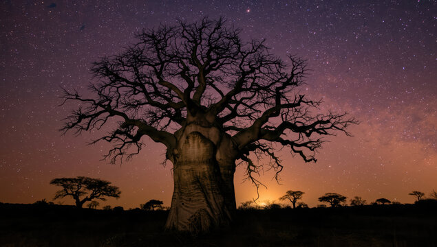Majestic baobab tree silhouette starry purple and orange night sky, serene and awe inspiring - Powered by Adobe