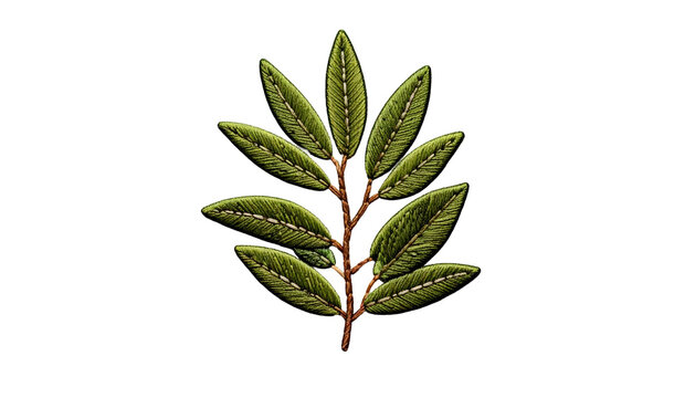 Digitally created illustration of a green leaf sprig on a black background. Leaves are elongated, stitched, and exhibit vein detail. Brown stem