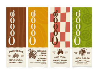 Bright labels for cocoa products, available in a variety of designs. Each template highlights the product s unique characteristics and provides other useful information.