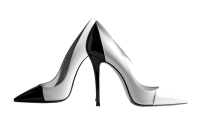 Graphic rendering of two elegant high-heeled shoes, one in front of the other, showcasing a glossy black and white color scheme