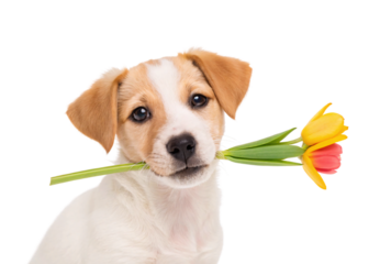 Jack Russell puppy holding yellow and pink tulips in mouth, isolated on a transparent background