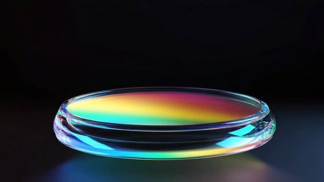 A clear glass bowl with a rainbow colored rim. The bowl is sitting on a black background. The bowl is not filled with anything