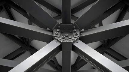 Close up view of a bolted steel structural framework with intersecting beams