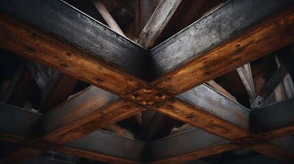 Intersecting wooden and steel beams form a rustic sturdy framework structure overhead showcasing robust construction and weathered texture