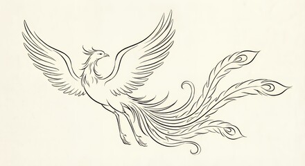 Obraz premium Majestic mythological flying bird design delicate line drawing of a glorious Phoenix symbol of power renewal and everlasting life energy Perfect Any Project.