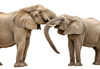 Obraz premium Two African elephants touching trunks in a gentle interaction, isolated on a transparent background