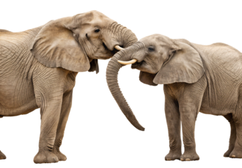 Two African elephants touching trunks in a gentle interaction, isolated on a transparent background