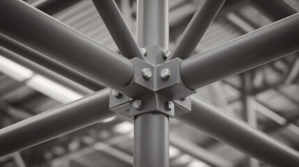 Close up of a robust metal framework structure with intersecting beams and bolted connections in an industrial setting