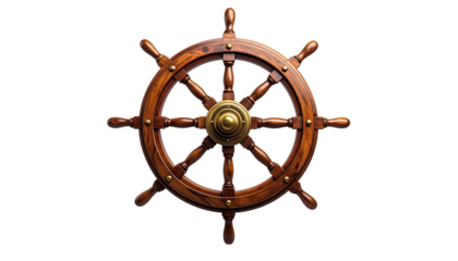 Polished wooden ship's wheel with brass center, against a black background, evoking nautical themes and seafaring adventures