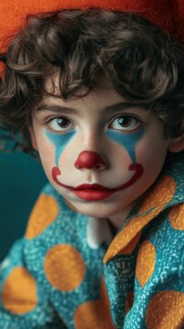 A young clown with a heartbroken expression and exaggerated makeup, including red and white tears around his eyes.