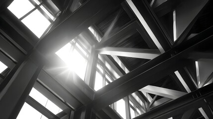 Sunlight streams through the intersecting steel beams and geometric framework of a modern architectural interior creating a dramatic and luminous
