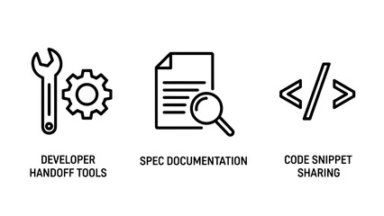 Developer handoff tool icons featuring maintenance wrench, technical spec documentation, and code snippet sharing symbols.