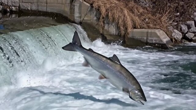 A salmon leaps out of the water, attempting to jump over a small waterfall. The scene takes place in a natural waterway, with a stone structure in the background.