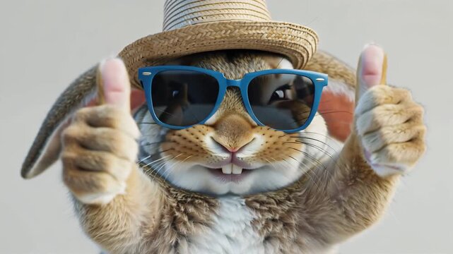 A cute cartoon rabbit in sunglasses and a hat shows a like