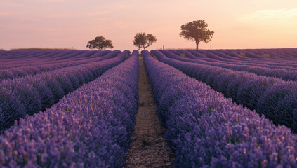 Fototapeta premium Sunset lavender field row pathway serene purple blooms