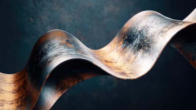 A dynamic metal sculpture in an abstract style, showcasing rusty curves with a copper patina on a dark background.