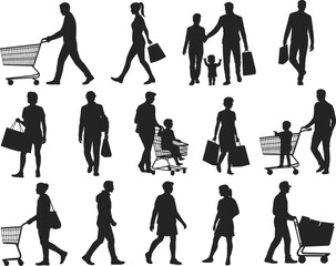 Shopping people silhouette set, men women family with bags carts, retail consumer lifestyle poses, black vector illustration isolated white background