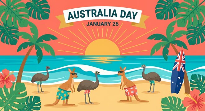 Australia Day celebration vector illustration featuring funny cartoon kangaroos and emus wearing swimsuits on a tropical beach at sunset Perfect Any Project.