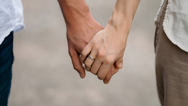 Couple in casual clothes holding hands outdoors with wedding ring visible in soft lighting