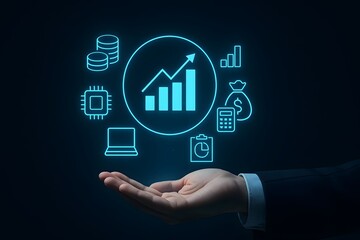 Fintech data visualization icons around rising profits graph in futuristic blue interface