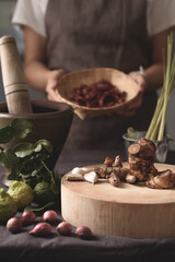 Authentic Thai curry paste ingredients set with fresh herbs and spices