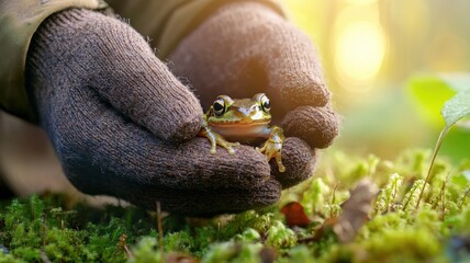 Close-up of ranger holding an endangered amphibian in gloved hands amidst mossy forest floor
