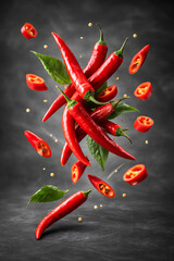 dynamic floating red chili peppers with sliced pieces and scattered seeds captured in motion against a soft blurred dark background creating a dramatic spicy food concept
