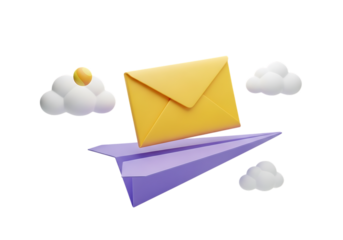 Yellow envelope on paper airplane, isolated on transparent background