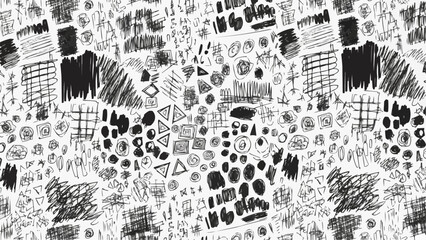 Obraz premium An abstract chaotic composition featuring a dense pattern of scribbles shapes and textured black markings on a white background