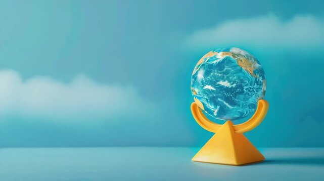 A toy globe with stand against a blue sky background.