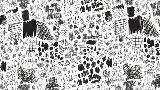 An abstract chaotic composition featuring a dense pattern of scribbles shapes and textured black markings on a white background