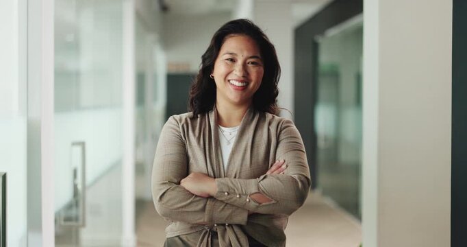 Face, business woman or happy with arms crossed for legal aid, ethics compliance or about us pride. Lawyer, person or smile at law firm for career confidence, legislation service or corporate justice