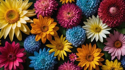 A vibrant arrangement of colorful flowers, showcasing yellow, orange, pink, and blue blooms in full bloom.