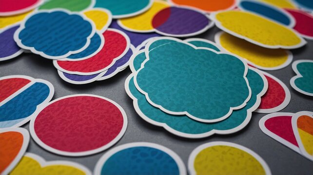 Colorful assorted stickers scattered on a flat surface, showcasing various shapes and vibrant hues.