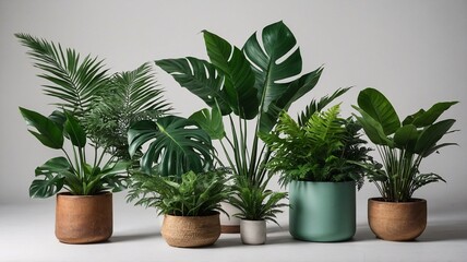 Obraz premium A vibrant arrangement of various potted indoor plants, showcasing lush green foliage and diverse textures.