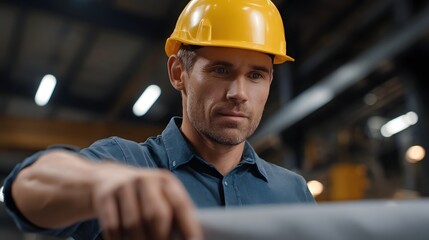 A focused male worker wearing a yellow hard hat examines documents in a modern industrial manufacturing facility