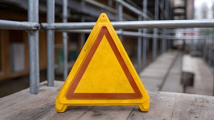 Yellow warning sign with red border on a wooden surface at a construction site with scaffolding